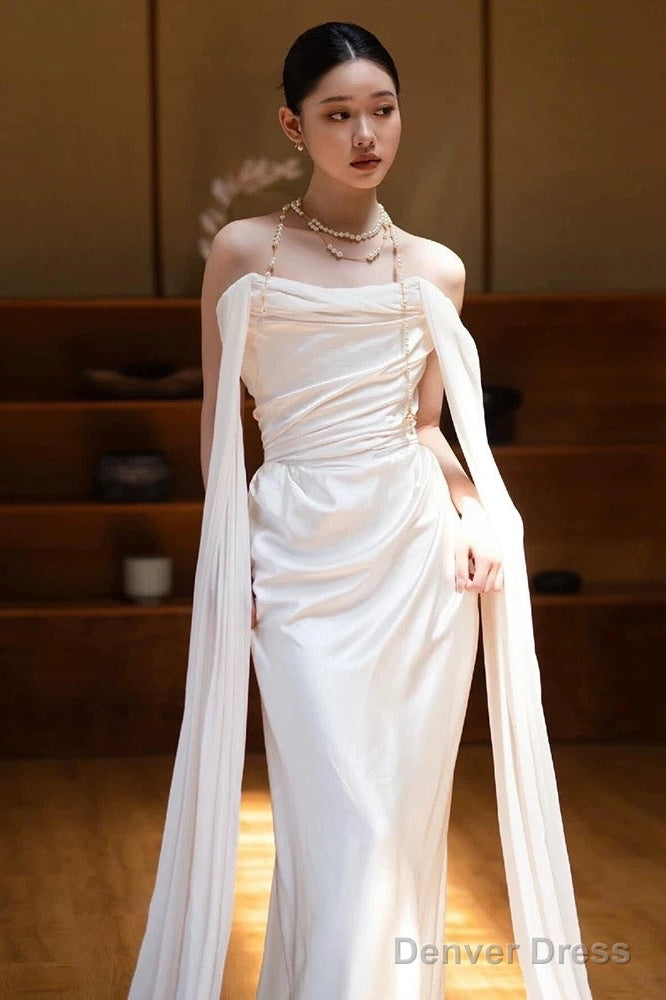 Unique Mermaid Strapless Satin Pleats White Ruffles Wedding Dresses