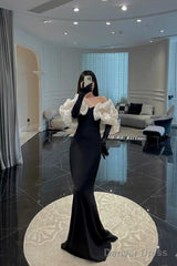 Unique Mermaid Sweetheart Black Long Prom Dress With Sleeves