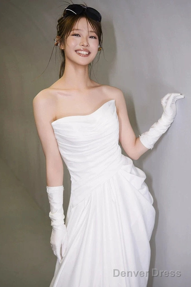 Unique Mermaid Sweetheart Pleats White Satin Ruffles Wedding Dresses Secondary image