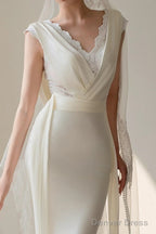 Unique Mermaid V Neckline Lace Pleats White Satin Ruffles Wedding Dresses