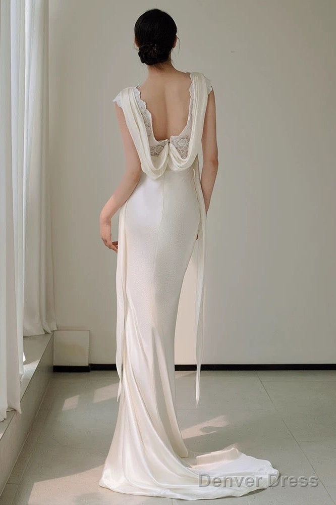 Unique Mermaid V Neckline Lace Pleats White Satin Ruffles Wedding Dresses