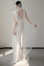 Unique Mermaid V Neckline Lace Pleats White Satin Ruffles Wedding Dresses