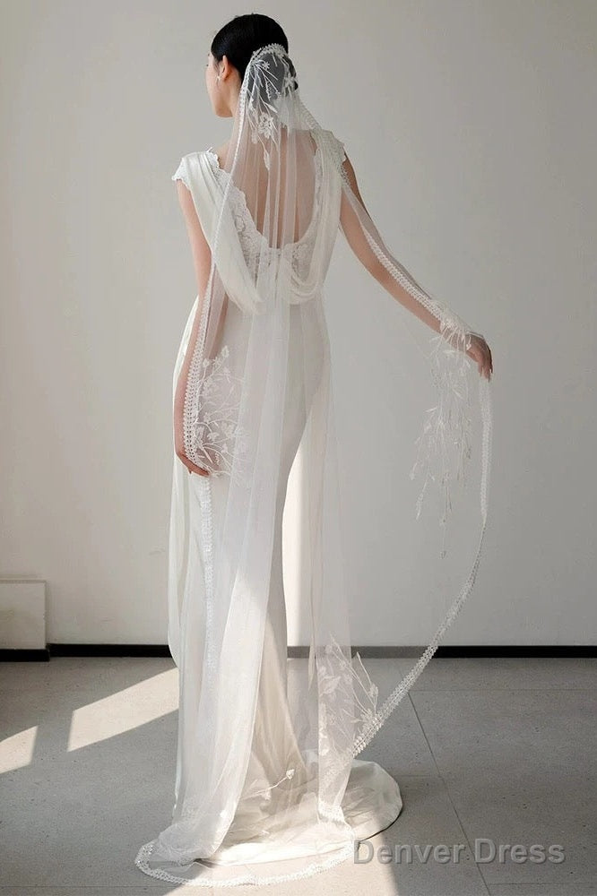 Unique Mermaid V Neckline Lace Pleats White Satin Ruffles Wedding Dresses