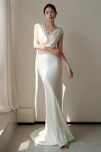 Unique Mermaid V Neckline Lace Pleats White Satin Ruffles Wedding Dresses