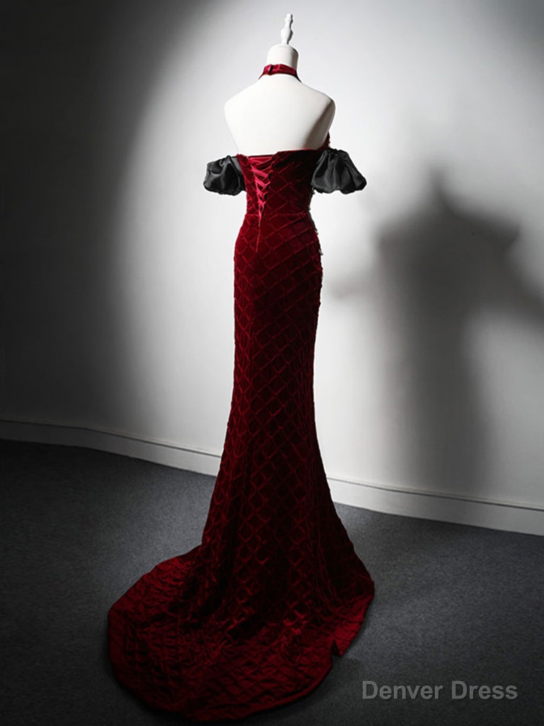 Unique Mermaid Velvet Burgundy Long Prom Dress, Burgundy Long Prom Dresses