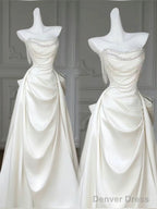 Unique Mermaid White Satin Strapless Pleats Long Satin Wedding Dresses