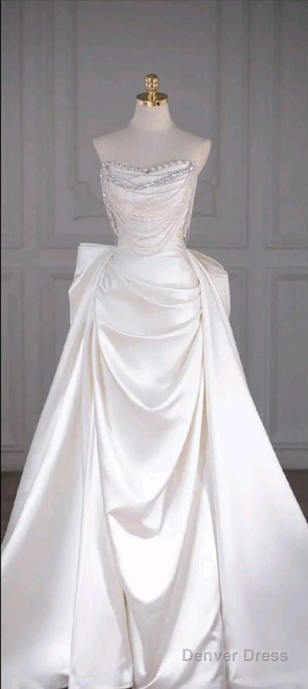 Unique Mermaid White Satin Strapless Pleats Long Satin Wedding Dress