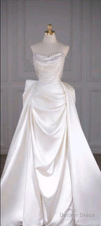 Unique Mermaid White Satin Strapless Pleats Long Satin Wedding Dresses