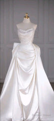 Unique Mermaid White Satin Strapless Pleats Long Satin Wedding Dress