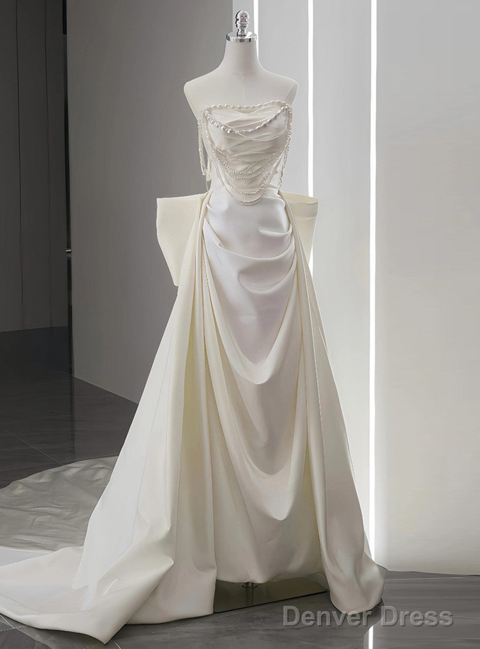 Unique Mermaid White Satin Strapless Pleats Long Satin Wedding Dresses