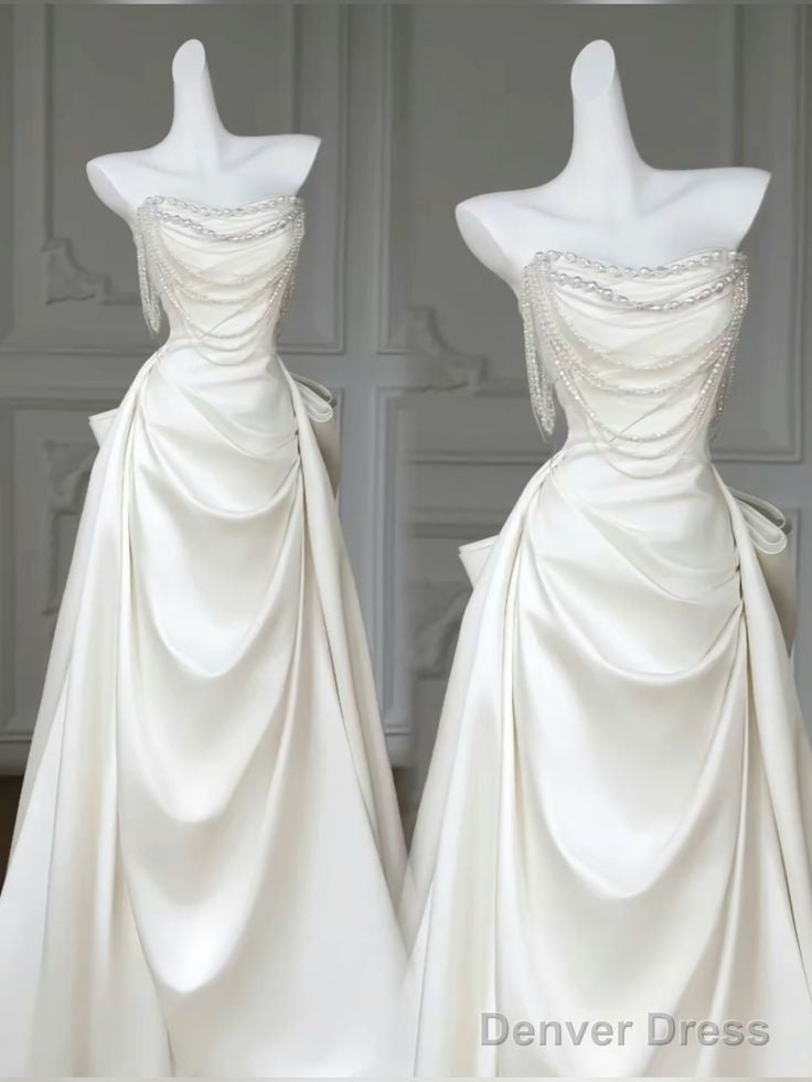 Unique Mermaid White Satin Strapless Pleats Long Satin Wedding Dresses