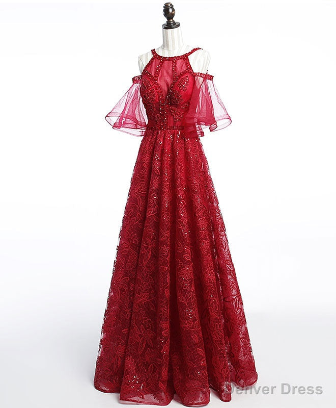 Unique Off Shoulder Tulle Lace Burgundy Long Prom Dress, Evening Dress Main image