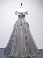 Unique Off Shoulder Tulle Long Gray Prom Dress, A Line Tulle Lace Prom Dresses