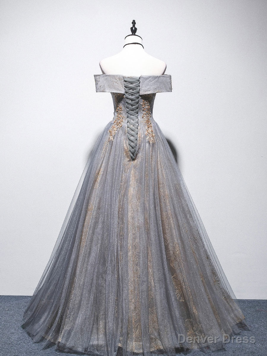 Unique Off Shoulder Tulle Long Gray Prom Dress, A Line Tulle Lace Prom Dresses