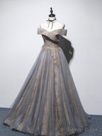 Unique Off Shoulder Tulle Long Gray Prom Dress, A Line Tulle Lace Prom Dresses