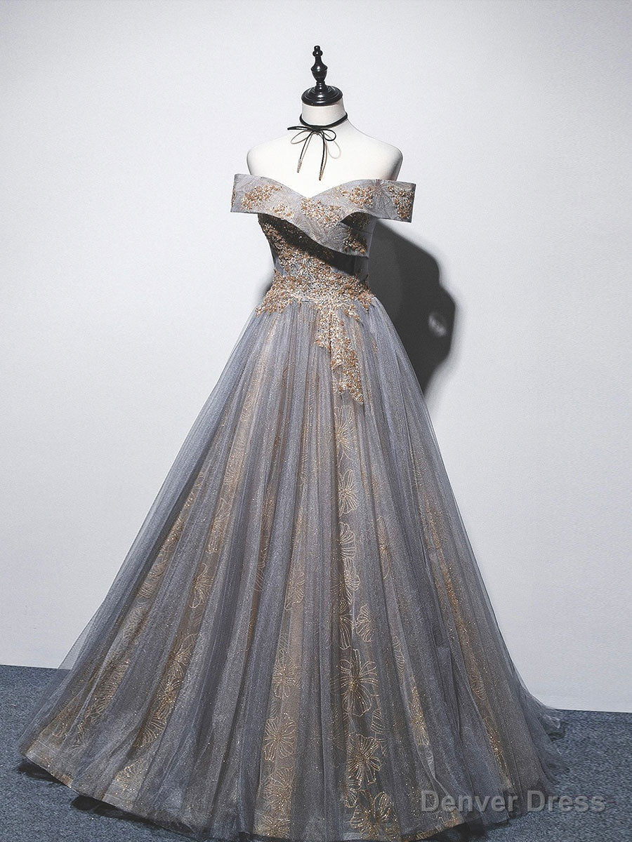 Unique Off Shoulder Tulle Long Gray Prom Dress, A Line Tulle Lace Prom Dresses