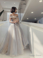 Unique Off Shoulder Tulle Long Gray Prom Dress, A Line Tulle Lace Prom Dresses