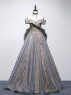 Unique Off Shoulder Tulle Long Gray Prom Dress, A Line Tulle Lace Prom Dresses