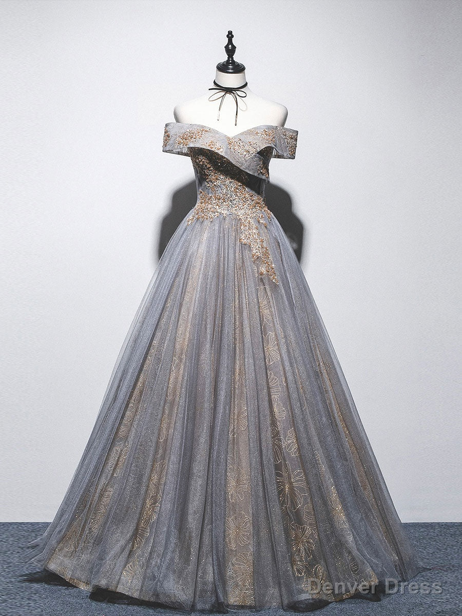 Unique Off Shoulder Tulle Long Gray Prom Dress, A Line Tulle Lace Prom Dresses