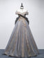 Unique Off Shoulder Tulle Long Gray Prom Dress, A Line Tulle Lace Prom Dresses