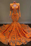 Unique Orange Long Sleeves Mermaid Prom Dress Sequins