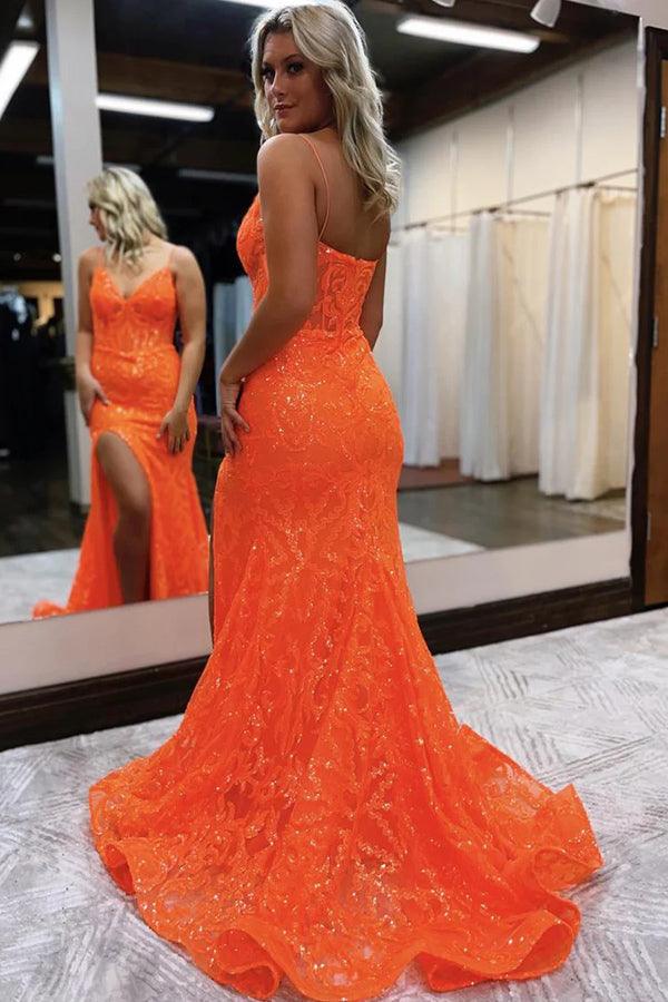 Orange Fashion Unique V-Neck Dress Long Lace Mermaid Slim Fit Slit Ball Gowns Prom Dresses Secondary image