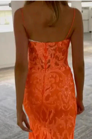 Orange Fashion Unique V-Neck Dress Long Lace Mermaid Slim Fit Slit Ball Gowns Prom Dresses