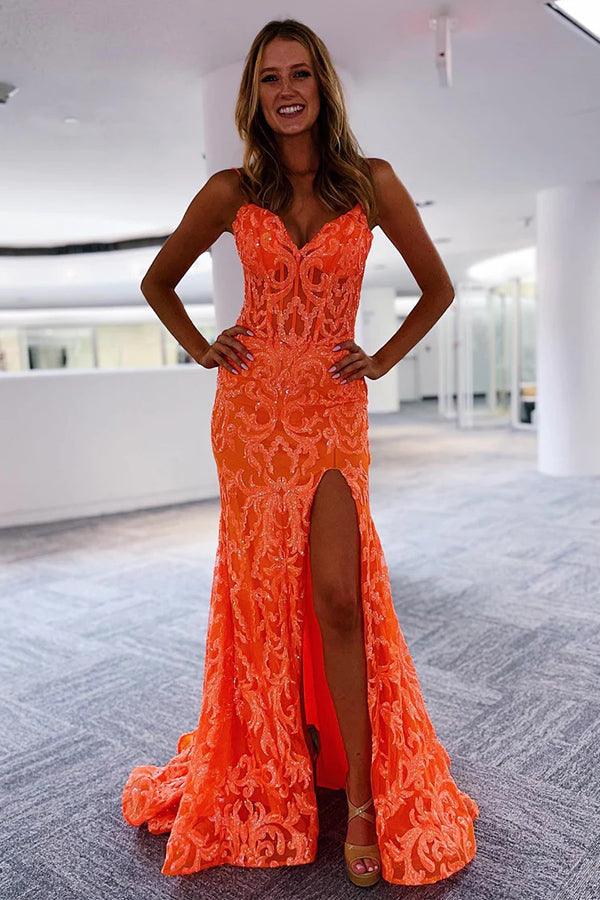 Orange Fashion Unique V-Neck Dress Long Lace Mermaid Slim Fit Slit Ball Gowns Prom Dresses Main image