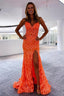 Orange Fashion Unique V-Neck Dress Long Lace Mermaid Slim Fit Slit Ball Gowns Prom Dresses