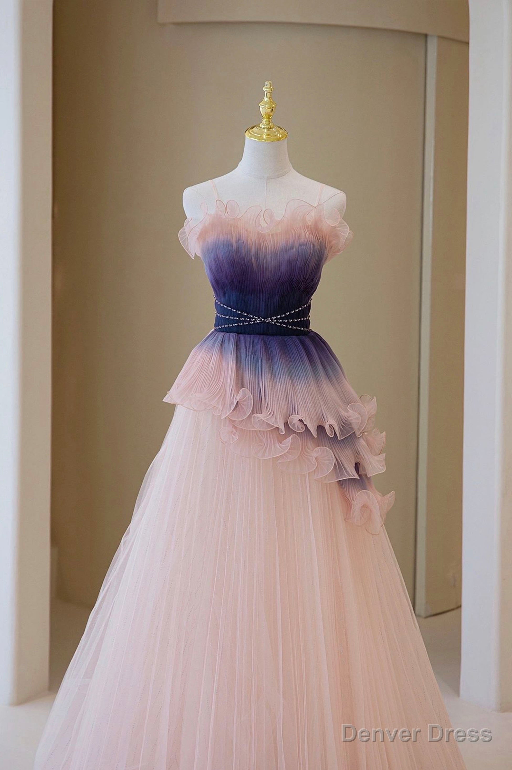 Unique Pink Gradient Long Prom Dress, A Line Strapless Prom Dresses