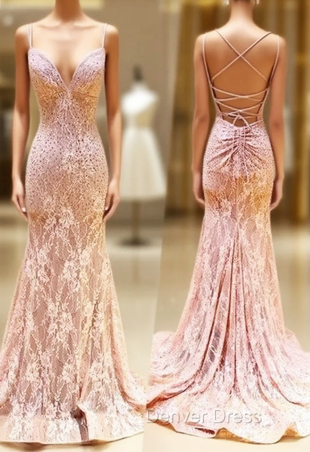 Unique Pink Long Mermaid Open Back Lace Dresses, Senior Prom Dresses Main image