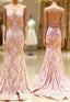 Unique Pink Long Mermaid Open Back Lace Dresses, Senior Prom Dresses