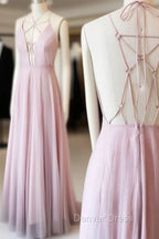 Unique Pink V Neck Long Prom Dresses, Pink Evening Dresses