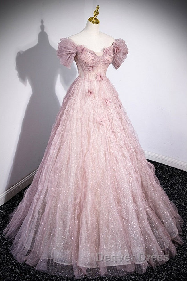 Unique Powder Blusher Pink Glitter Sequins Off Shoulder Rhinestone Applique Short Sleeve Prom Dresses Powder Blusher Pink A-Line Princess Backless Strap Long Evening Dresses Secondary image