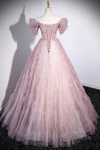 Unique Powder Blusher Pink Glitter Sequins Off Shoulder Rhinestone Applique Short Sleeve Prom Dresses Powder Blusher Pink A-Line Princess Backless Strap Long Evening Dresses