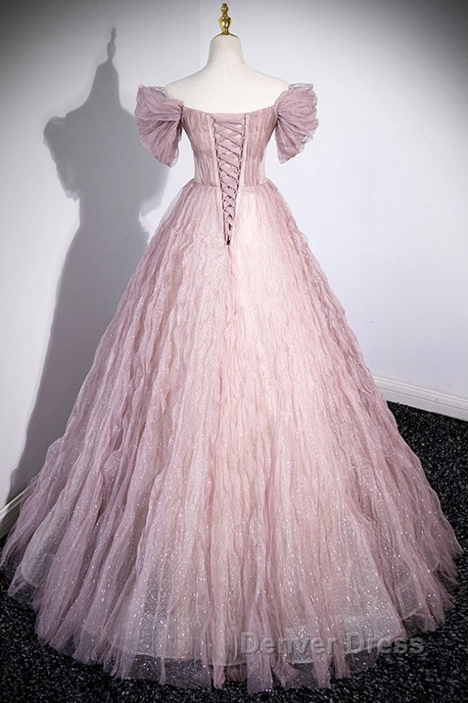 Unique Powder Blusher Pink Glitter Sequins Off Shoulder Rhinestone Applique Short Sleeve Prom Dresses Powder Blusher Pink A-Line Princess Backless Strap Long Evening Dresses