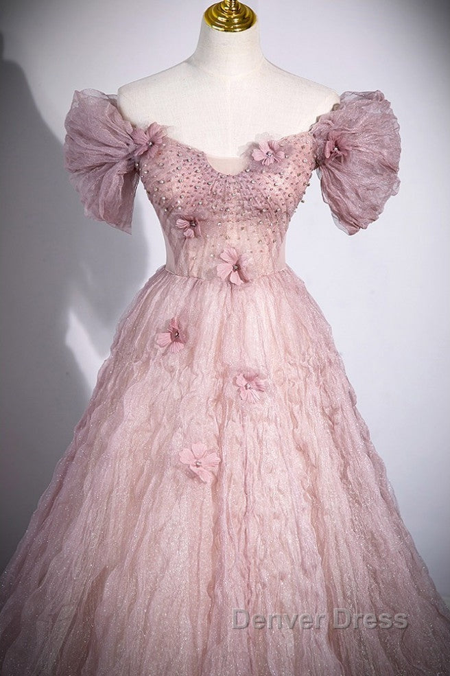 Unique Powder Blusher Pink Glitter Sequins Off Shoulder Rhinestone Applique Short Sleeve Prom Dresses Powder Blusher Pink A-Line Princess Backless Strap Long Evening Dresses