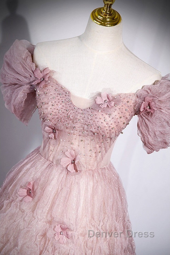 Unique Powder Blusher Pink Glitter Sequins Off Shoulder Rhinestone Applique Short Sleeve Prom Dresses Powder Blusher Pink A-Line Princess Backless Strap Long Evening Dresses