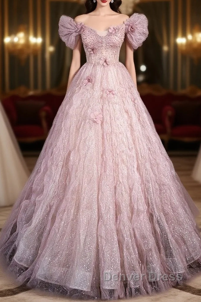 Unique Powder Blusher Pink Glitter Sequins Off Shoulder Rhinestone Applique Short Sleeve Prom Dresses Powder Blusher Pink A-Line Princess Backless Strap Long Evening Dresses