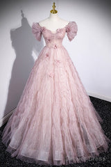 Unique Powder Blusher Pink Glitter Sequins Off Shoulder Rhinestone Applique Short Sleeve Prom Dress Powder Blusher Pink A-Line Princess Backless Strap Long Evening Dress