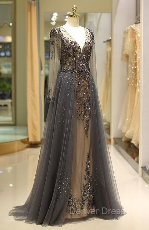Unique Prom Dresses Long Sleeves Tulle V-Neck Neckline Floor-Length A-Line,Evening Dresses, Formal Dresses Secondary image
