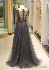 Unique Prom Dress Long Sleeves Tulle V-Neck Neckline Floor-Length A-Line,Evening Dress, Formal Dress