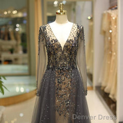 Unique Prom Dress Long Sleeves Tulle V-Neck Neckline Floor-Length A-Line,Evening Dress, Formal Dress