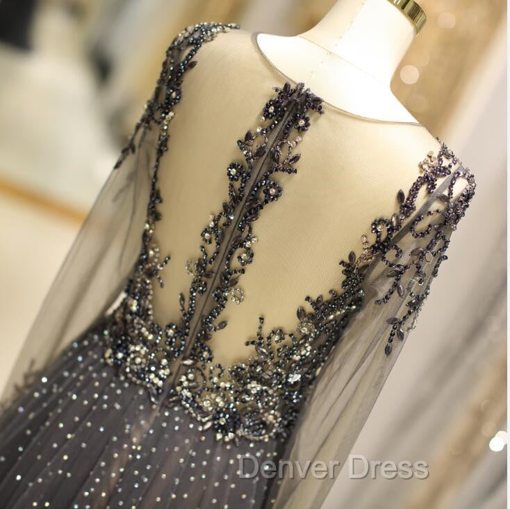 Unique Prom Dresses Long Sleeves Tulle V-Neck Neckline Floor-Length A-Line,Evening Dresses, Formal Dresses