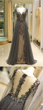 Unique Prom Dresses Long Sleeves Tulle V-Neck Neckline Floor-Length A-Line,Evening Dresses, Formal Dresses