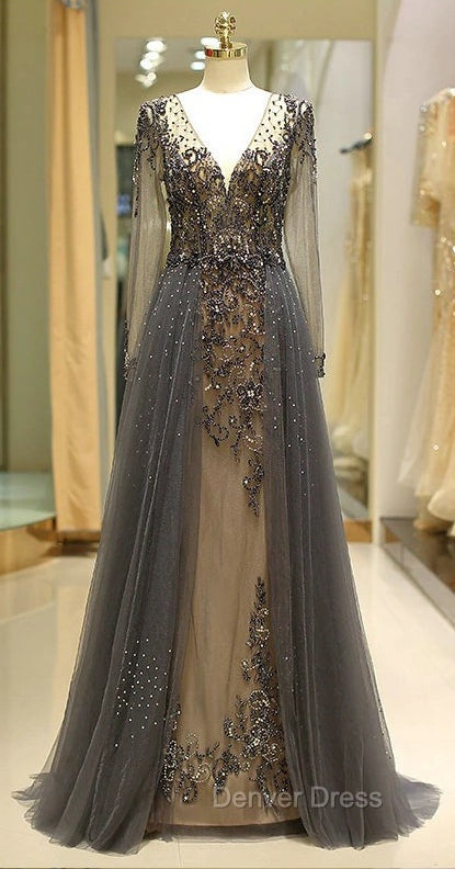 Unique Prom Dresses Long Sleeves Tulle V-Neck Neckline Floor-Length A-Line,Evening Dresses, Formal Dresses