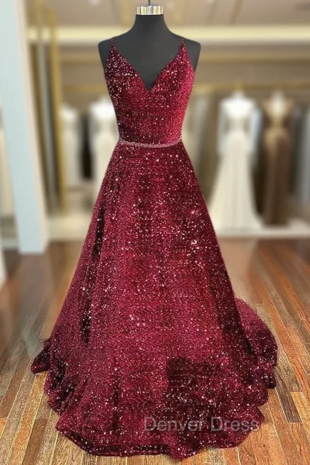 Unique Prom Dresses, A-line V Neck Spaghetti Straps Long/Floor-Length Velvet Sequins Prom Dresses With Beading Main image