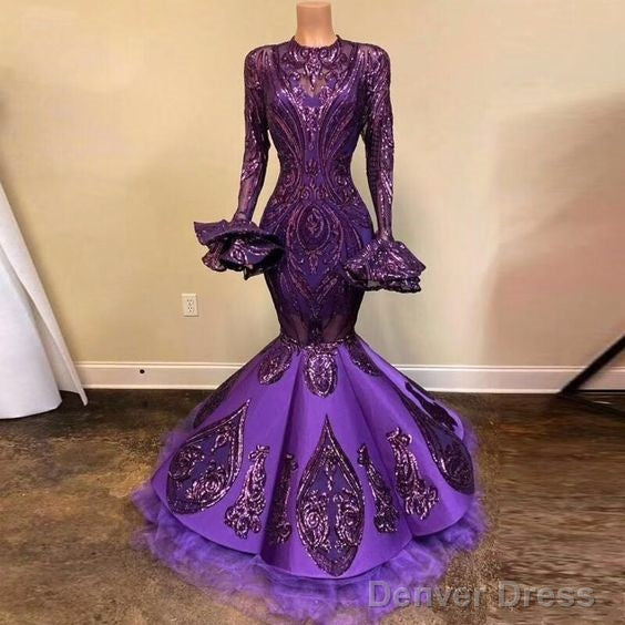 Unique Purple Long Sleeves Sequins Lace Mermaid Prom Dresses, Shinning Formal Evening Party Dress Main image