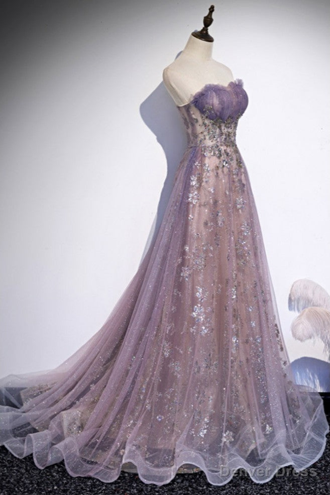 Unique Purple Tulle Prom Dress with Sparkly Sequins