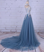 Unique Round Neck Applique Tulle Long Prom Dresses, Tulle Evening Dresses